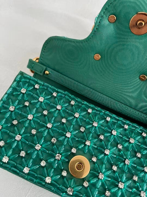 VLTN Locò Shoulder Bag Emerald Green Embroidered Satin
