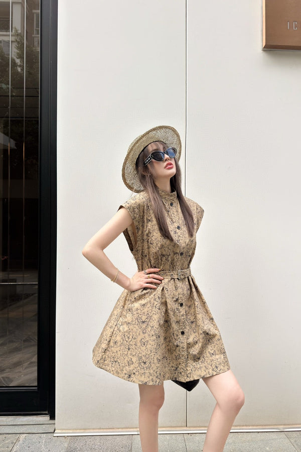 CD Short Belted Shirtdress Beige Cotton Gabardine with Black Motif