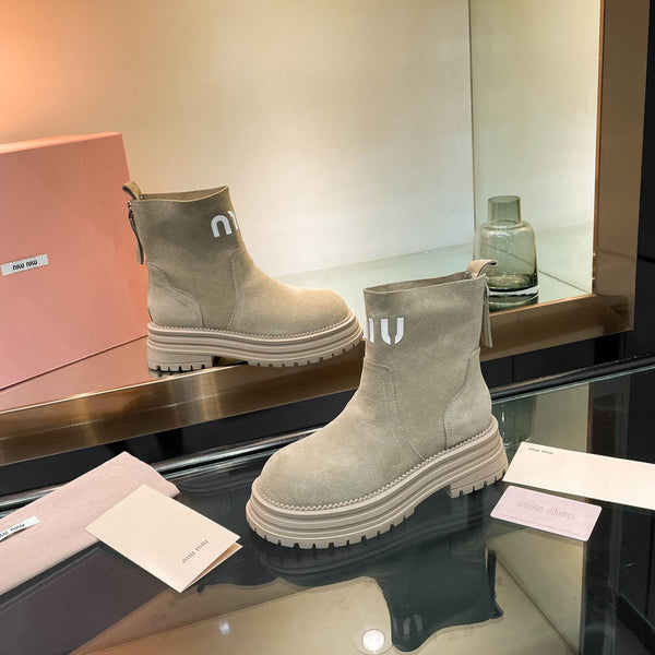Miu 26s Logo Chunky Ankle Boots Suede