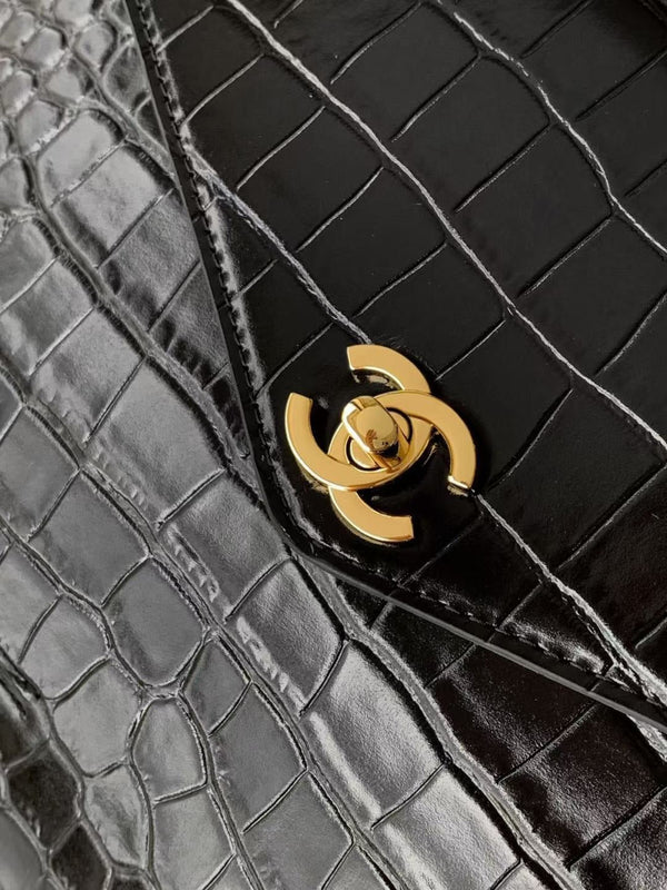 CC 2026 Maxi Top Handle Bag 31cm Black Crocodile Embossed Leather