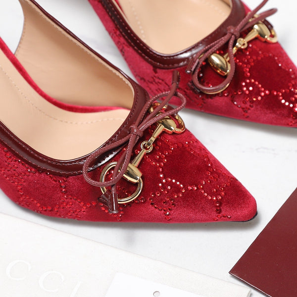 GG 26s Slingback Pumps 10cm Gold Hardware With Bow Velvet