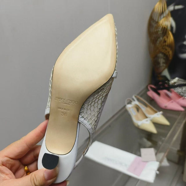 Jimmy Choo Slingback Pum White Beige Heel Mesh and Leather