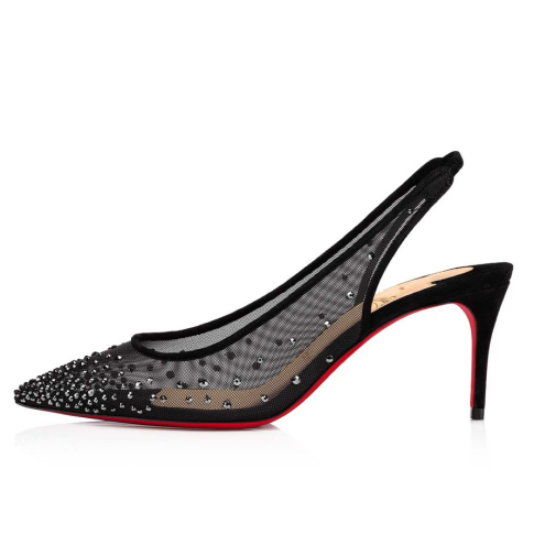 CL Follies Strass Sling Pumps 70mm Fishnet Black