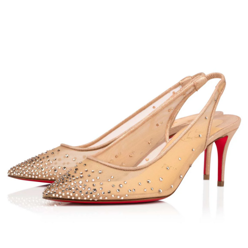 CL Follies Strass Sling Pumps 70mm Fishnet Nude