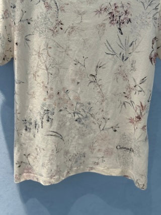 CD 25 T-shirt a maniche corte con stampa inchiostro e floreale in cotone e lino beige