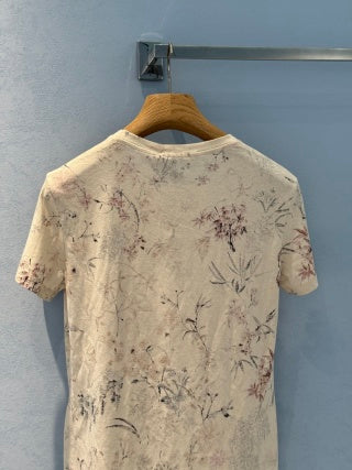 CD 25 T-shirt a maniche corte con stampa inchiostro e floreale in cotone e lino beige