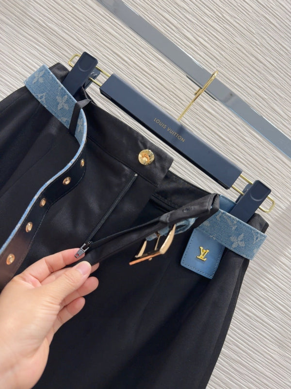 LV 25S Long Skirt Black Brown Cotton Polyester