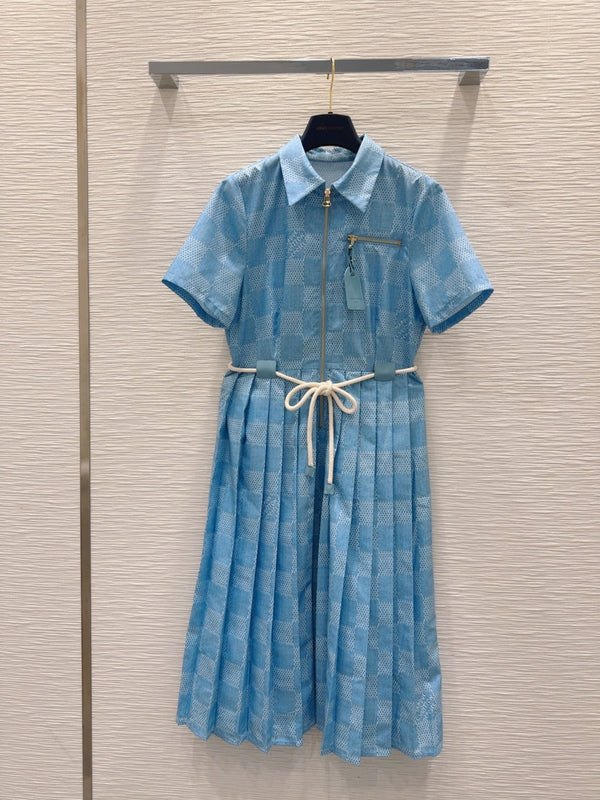 LV 25 Pleated Trendy Dress White Blue Poliester