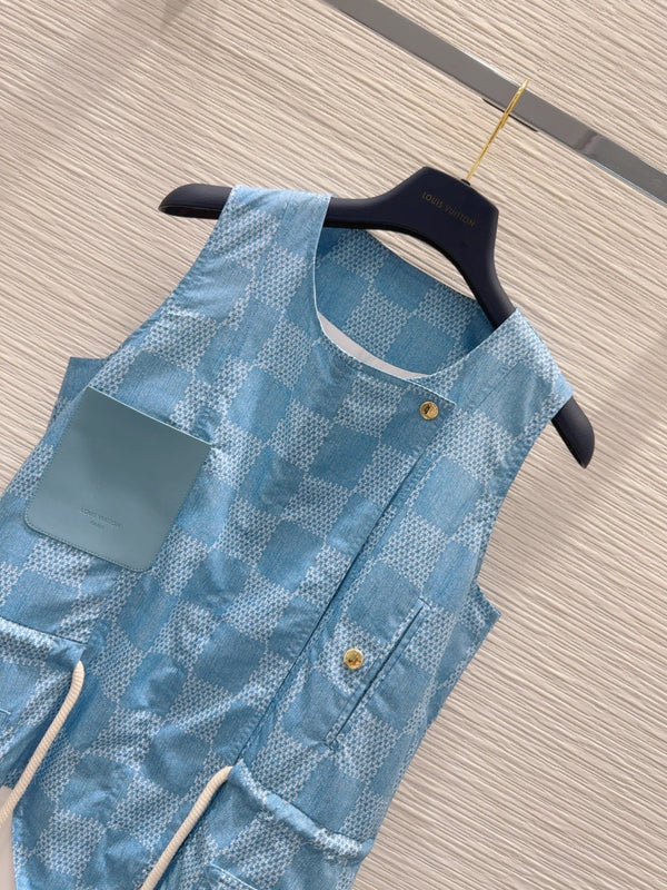 LV 25 Checkered Shirt With Pocket Dynamic Dress White Blue Polyester