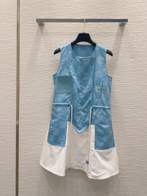 LV 25 Checkered Shirt With Pocket Dynamic Dress White Blue Polyester