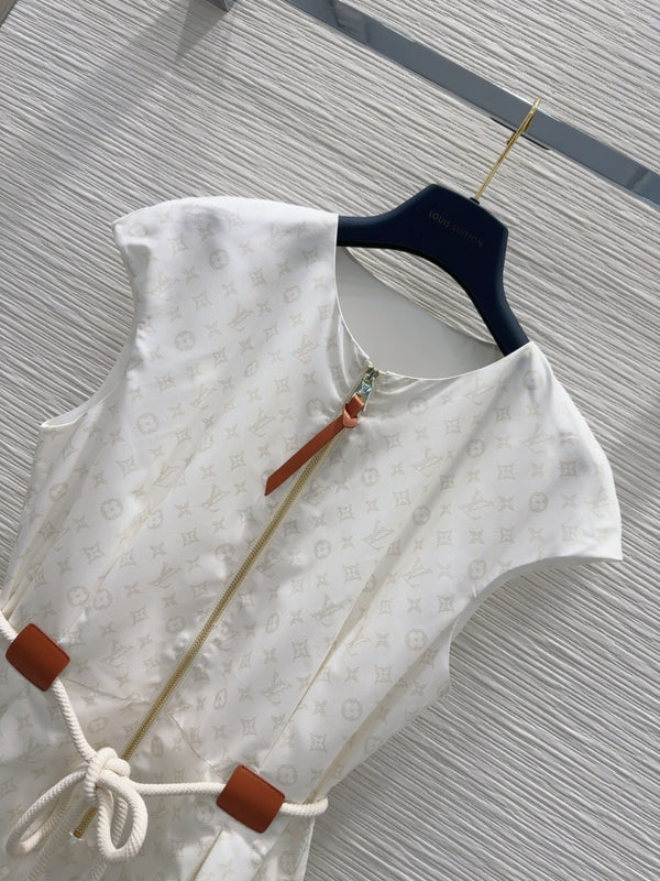 LV 25 Pleated Trendy Square Vest Dress White Blue Poliester