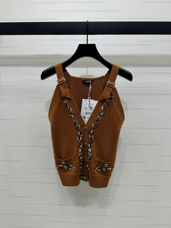 Chanel 2026 Beaded Knit Vest Pink and Brown Wool