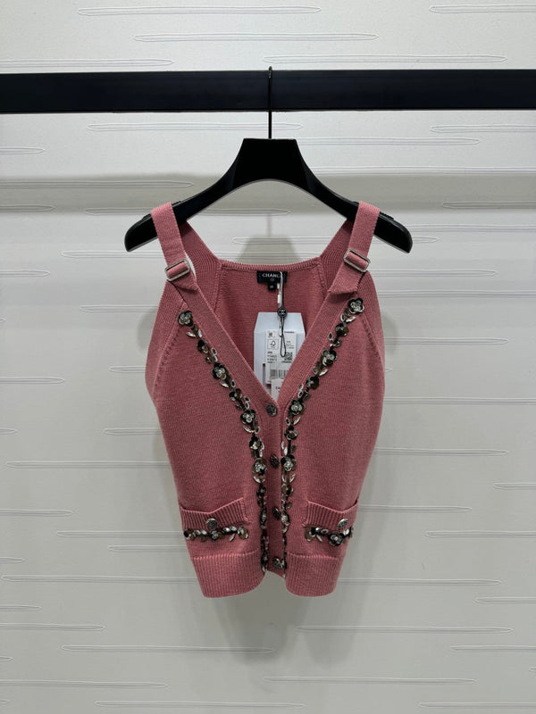 Chanel 2026 Beaded Knit Vest Pink and Brown Wool