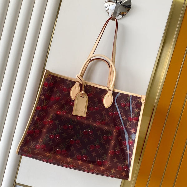 LV x TM OnTheGo GM Brown Beige Monogram Cherry Crystal & Cowhide