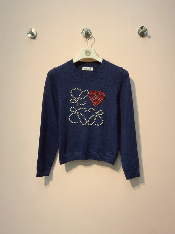 Pull à logo brodé Loewe 2025 en laine et cachemire blanc et bleu 314435