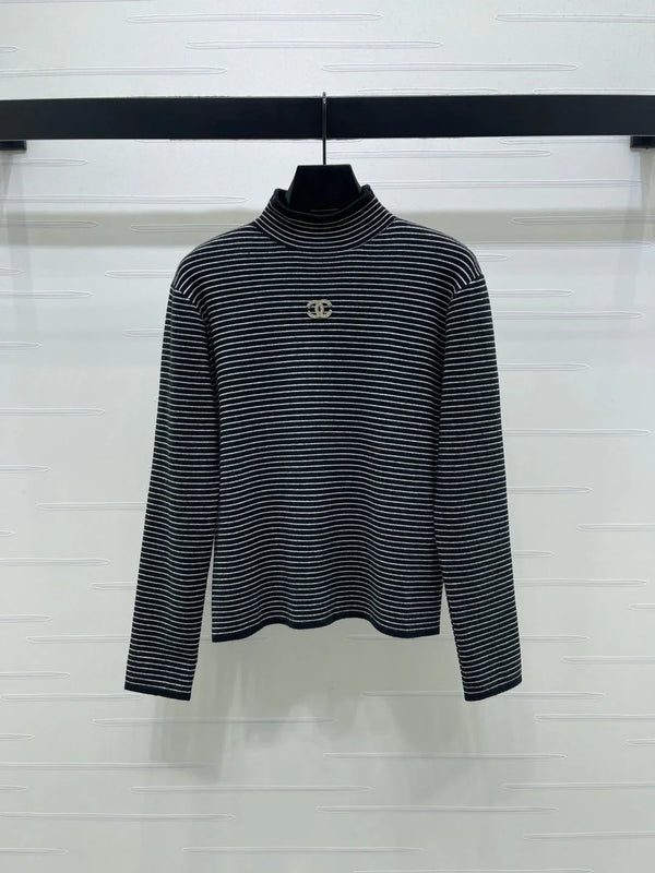 Pull à col roulé rayé en laine Chanel 2026 à manches longues