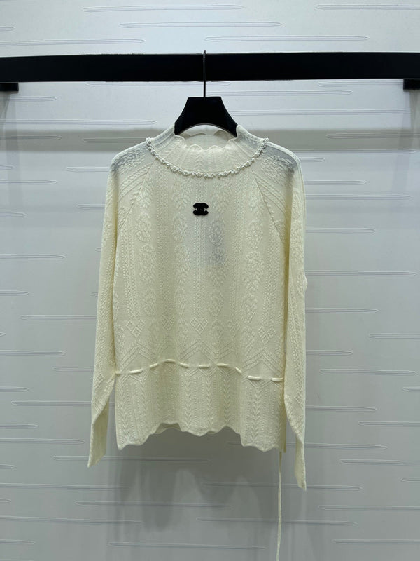 Chanel 2026 Beaded Crew Neck Knit Long-sleeved Top Wool