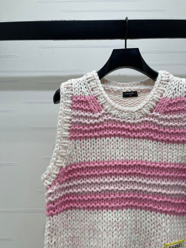 Chanel 2026 Crew Neck Striped Knit Vest Cashmere 983319