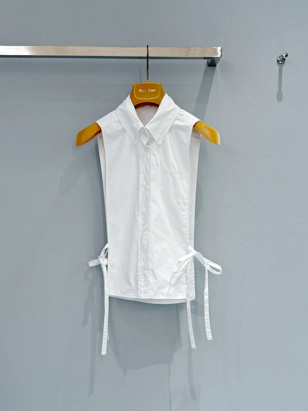 Miu Miu 26 Sleeveless Tie-Waist Shirt in Cotton
