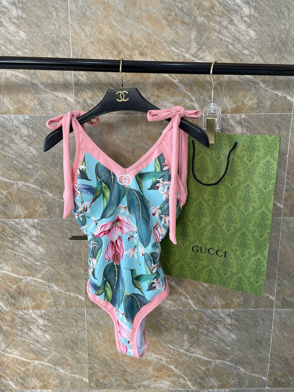 GG Tropical Floral Print One-Piece Swimsuit Green Pink 330760