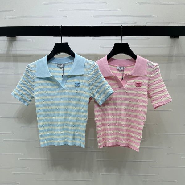 CC 2026 Striped Collared Knit Short-Sleeve T-Shirt Cotton 677728