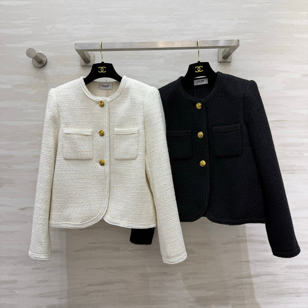CE Short Bouclé Tweed Jackets Gold Buttons Dual Patch Pockets 430352