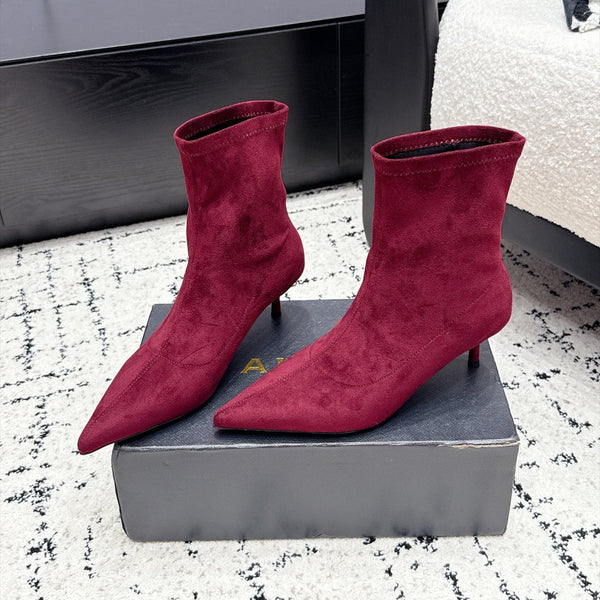 Alaia 26FW Pointed-Toe Ankle Boots 5.5cm Stretch Suede Leather 198151