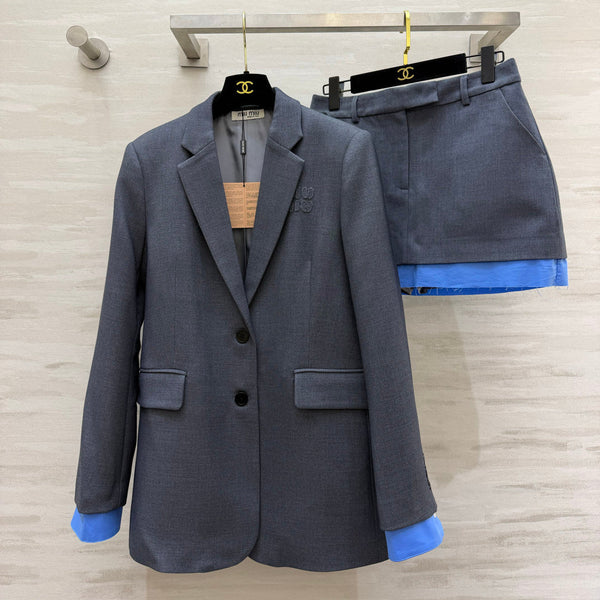 Miu 26s Blazer and Skirt Set Grey Blue 438745