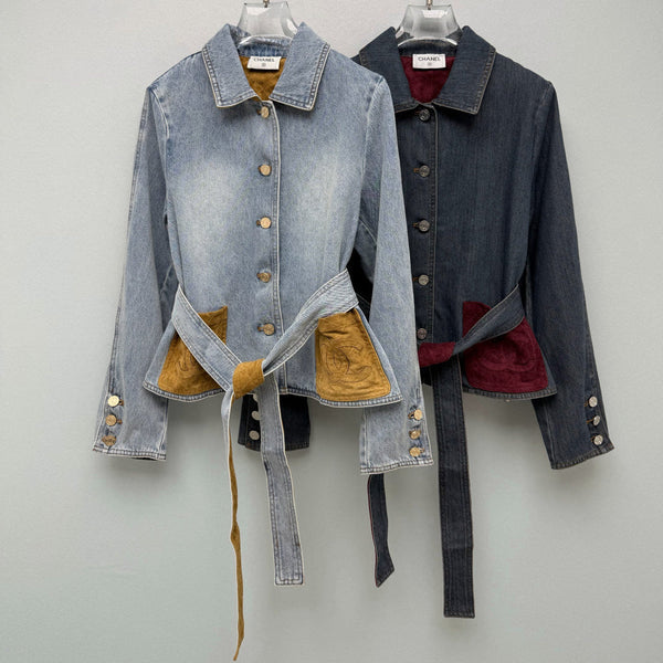 CC 26FW Denim Jacket Contrast Suede Collar Pockets Light Blue Cotton 274265