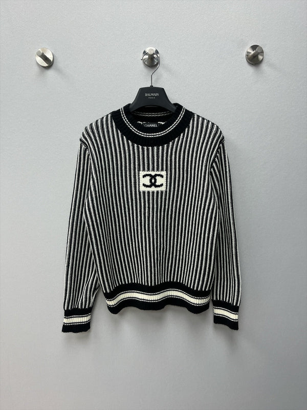 CC 26FW Ski Collection Striped Crewneck Sweater Double-C Logo Wool 446624