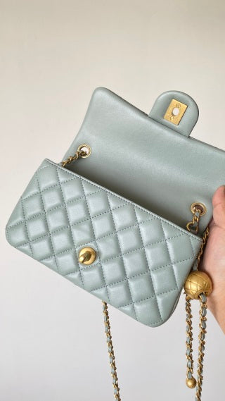 CC 25 classic flap bag 20 mini gold ball soft pastel green calfskin