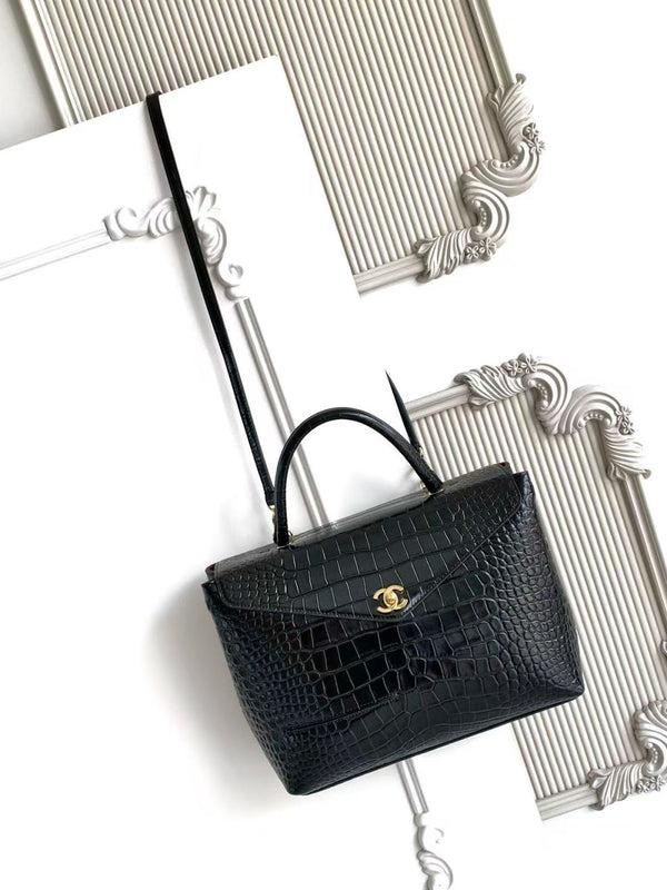 CC 2026 Maxi Top Handle Bag 31cm Black Crocodile Embossed Leather