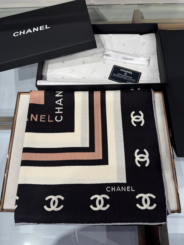 CC 2026 CC Logo Square Scarf Black Silk Cashmere 219223