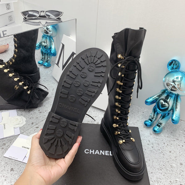 CC 2026 Knit Lace Up Combat Boots Black Calfskin 162215