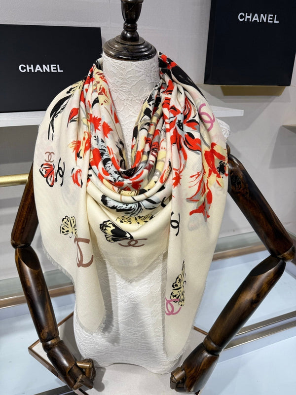 CC 2026 Square Scarf 140cm Red White Cashmere Silk 218853