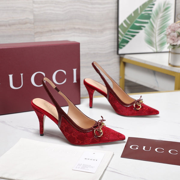GG 26s Slingback Pumps 10cm Gold Hardware With Bow Velvet