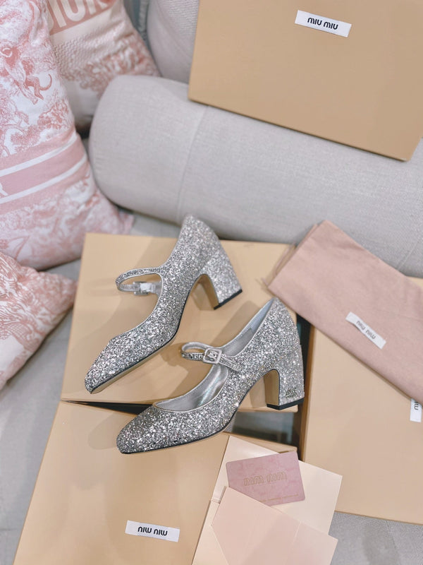 Miu 2026 Round-Toe Pumps 65mm Patent Leather Glitter 15550