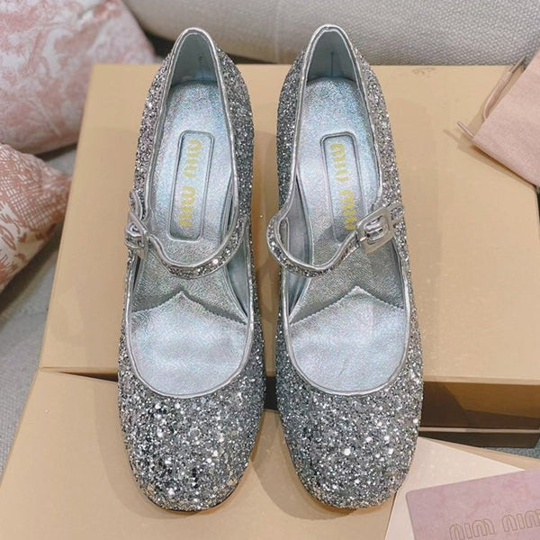 Miu 2026 Round-Toe Pumps 65mm Patent Leather Glitter 15550