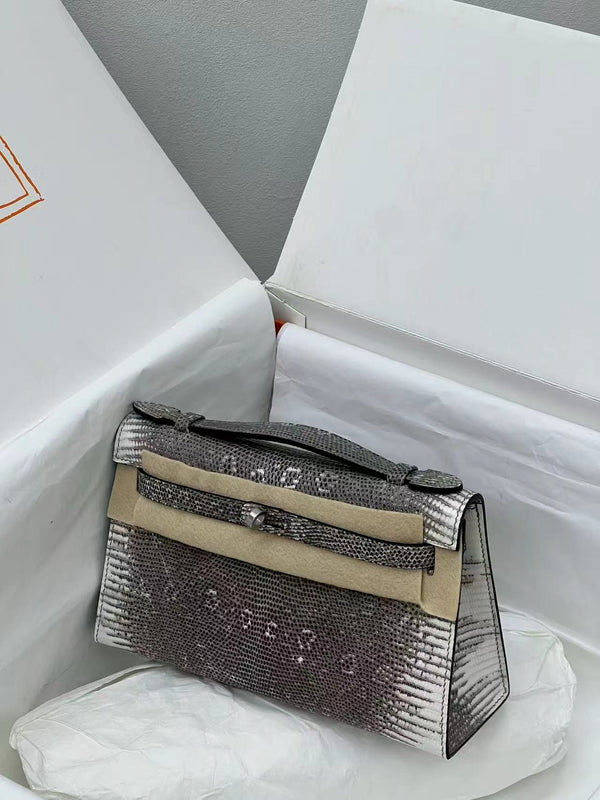 HM Kelly 22cm Black White Pochette Lizard