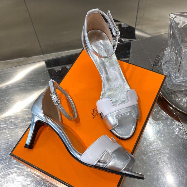 Hermes Premiere 70 Sandals Women Calfskin In Silver/White