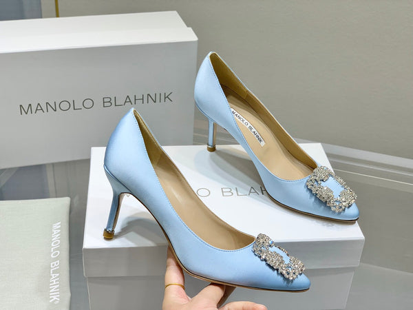 Manolo Diamond Buckle Pumps Baby Blue Silk 327501