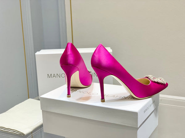 Manolo Diamond Buckle Pumps Dark Pink Silk 327502