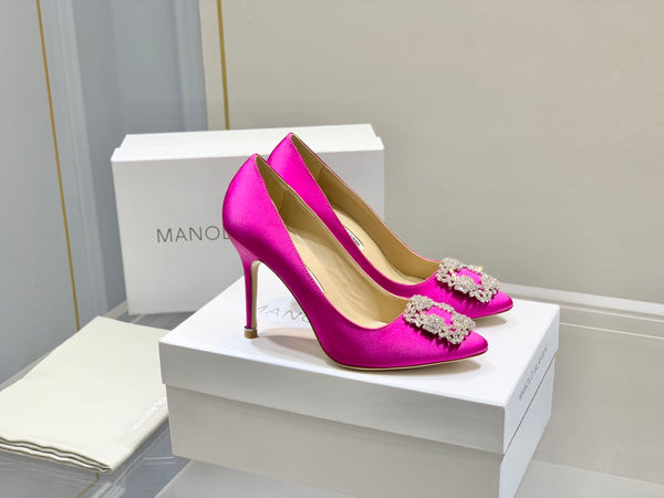Manolo Diamond Buckle Pumps Dark Pink Silk 327502