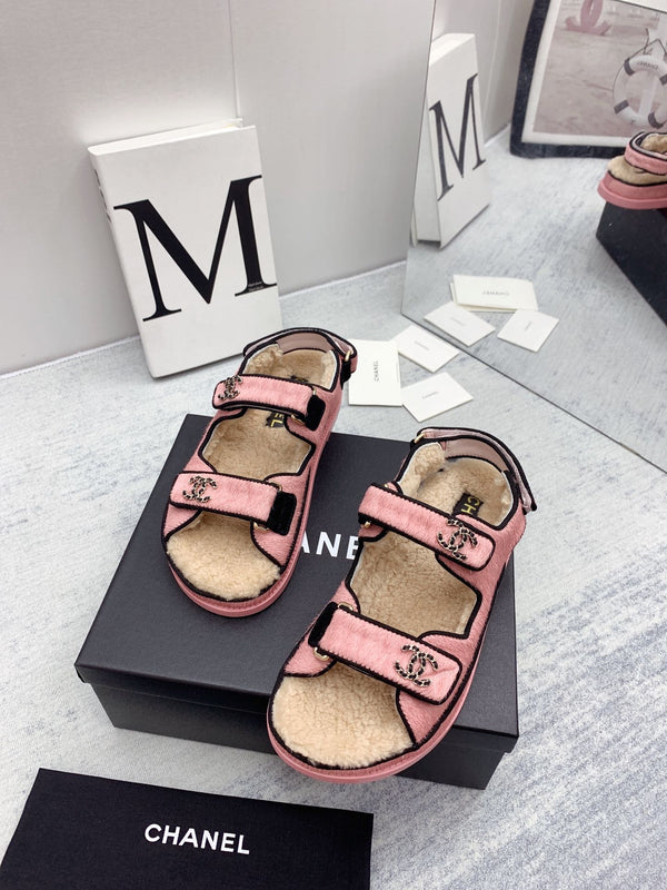 CC 26FW Shearling Sandals Triple Straps Pony Hair 161805