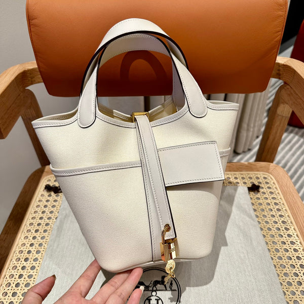 HM Picotin Lock 18CM Pocket Handbag Ivory Swift Canvas