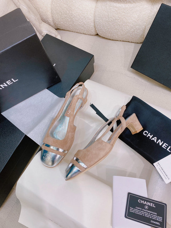 CC 26S Slingback Flats Square-Toe 4cm Colorblock Suede Leather 156344
