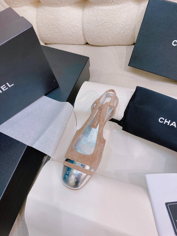 CC 26S Slingback Flats Square-Toe 4cm Colorblock Suede Leather 156344