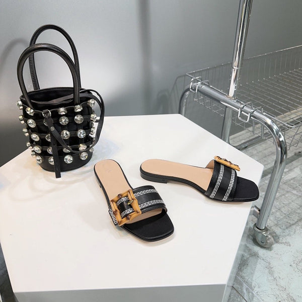 GG BAMBOO BUCKLE FLAT SANDALS BLACK