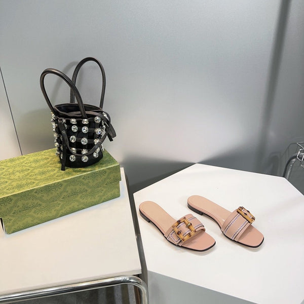 GG BAMBOO BUCKLE FLAT SANDALS BEIGE