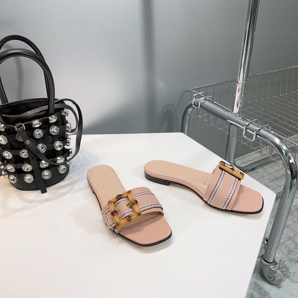 GG BAMBOO BUCKLE FLAT SANDALS BEIGE
